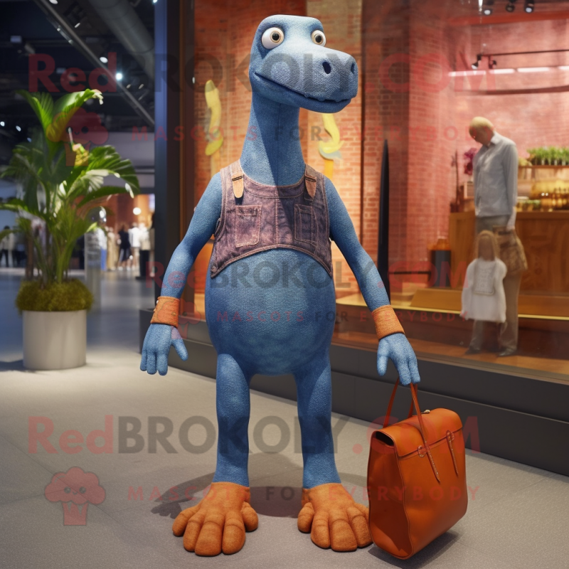 Rust Diplodocus mascot costume character dressed with a Denim Shorts and Handbags