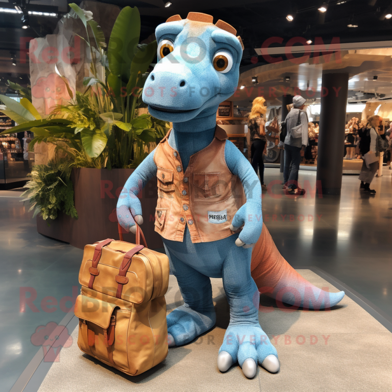 Rust Diplodocus mascot costume character dressed with a Denim Shorts and Handbags