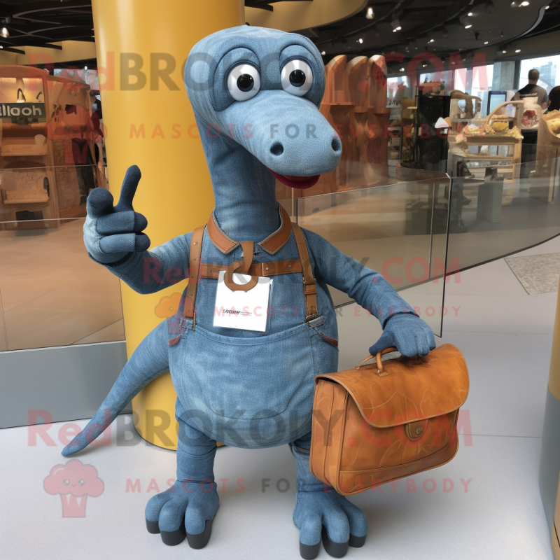 Rust Diplodocus mascot costume character dressed with a Denim Shorts and Handbags