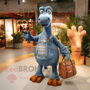 Rust Diplodocus mascot costume character dressed with a Denim Shorts and Handbags