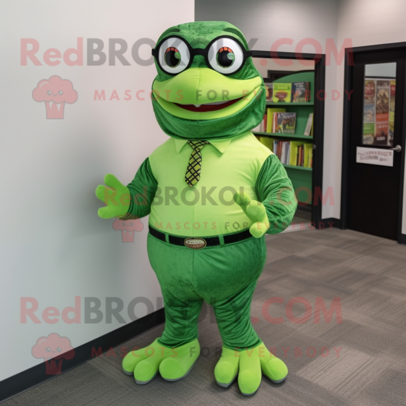 Green Anaconda mascot costume character dressed with a Dress Shirt and Reading glasses