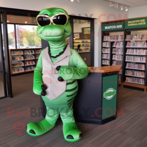 Green Anaconda mascot costume character dressed with a Dress Shirt and Reading glasses