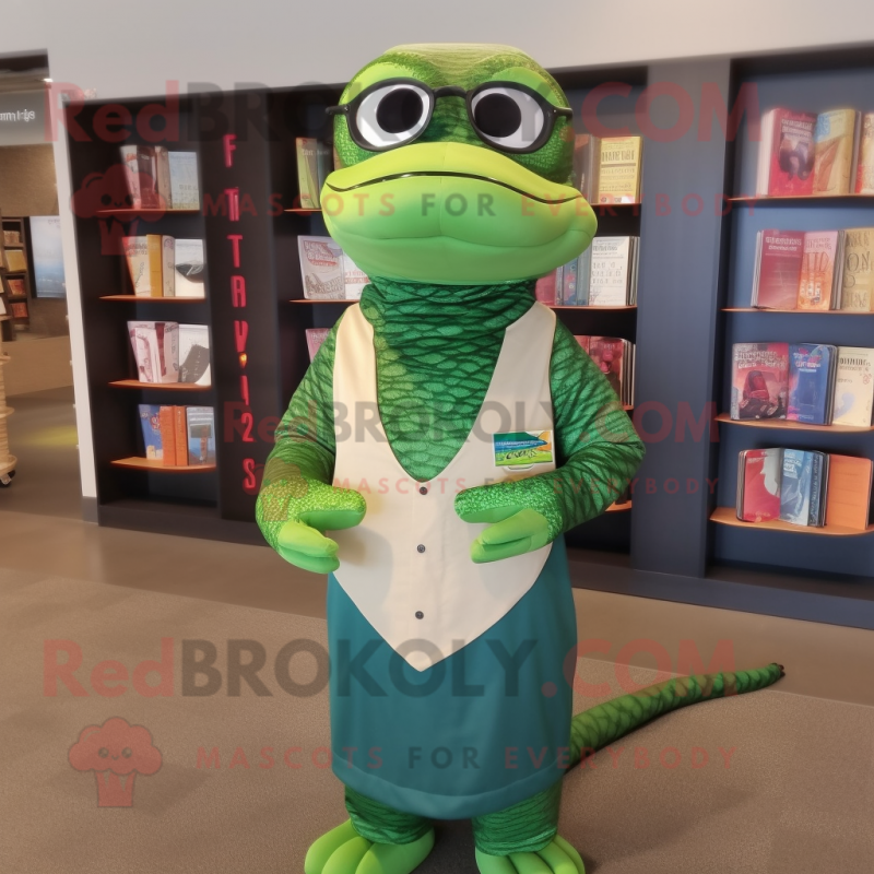 Green Anaconda mascot costume character dressed with a Dress Shirt and Reading glasses