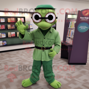 Green Anaconda mascot costume character dressed with a Dress Shirt and Reading glasses