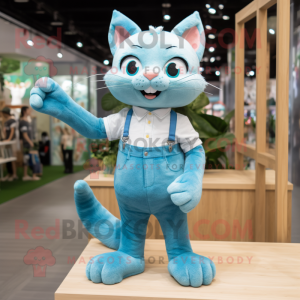 Turquoise Cat mascot costume character dressed with a Denim Shorts and Bow ties