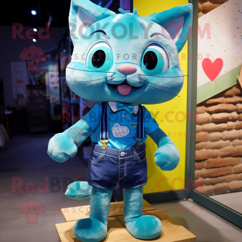 Turquoise Cat mascot costume character dressed with a Denim Shorts and Bow ties