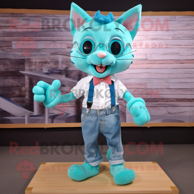 Turquoise Cat mascot costume character dressed with a Denim Shorts and Bow ties