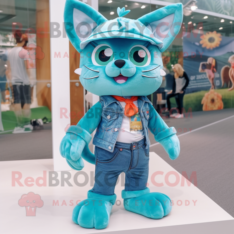 Turquoise Cat mascot costume character dressed with a Denim Shorts and Bow ties