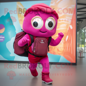 Magenta Croissant mascot costume character dressed with a Romper and Backpacks