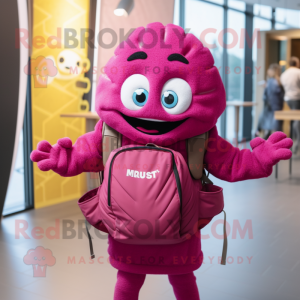 Magenta Croissant mascot costume character dressed with a Romper and Backpacks