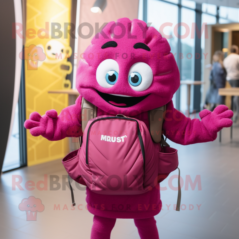 Magenta Croissant mascot costume character dressed with a Romper and Backpacks Magenta Croissant mascot costume character dressed with a Romper and Backpacks