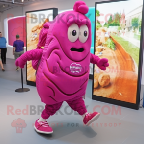 Magenta Croissant mascot costume character dressed with a Romper and Backpacks