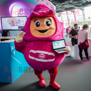 Magenta Croissant mascot costume character dressed with a Romper and Backpacks