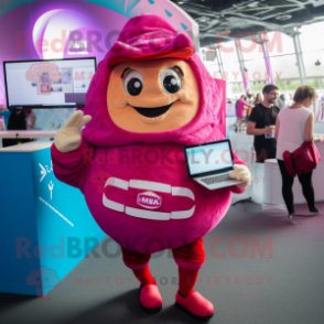 Magenta Croissant mascot costume character dressed with a Romper and Backpacks