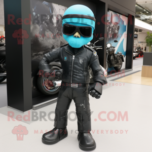 Cyan Sniper mascot costume character dressed with a Biker Jacket and Belts