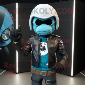 Cyan Sniper mascot costume character dressed with a Biker Jacket and Belts