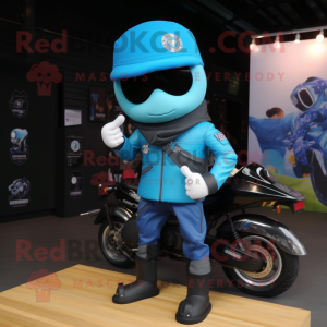 Cyan Sniper mascot costume character dressed with a Biker Jacket and Belts