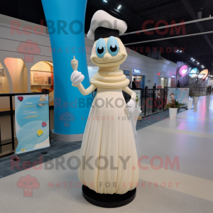 Cream Hourglass mascot costume character dressed with a Maxi Dress and Gloves