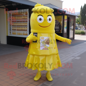 Lemon Yellow Chocolate Bar mascot costume character dressed with a Skirt and Keychains