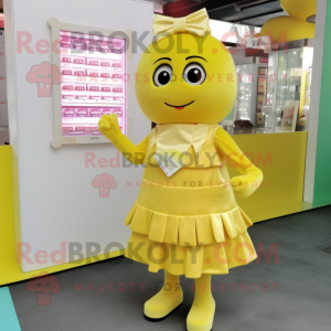 Lemon Yellow Chocolate Bar mascot costume character dressed with a Skirt and Keychains