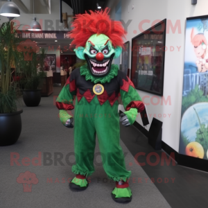 Forest Green Evil Clown mascot costume character dressed with a Flare Jeans and Backpacks