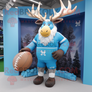 Sky Blue Irish Elk mascot costume character dressed with a Rugby Shirt and Beanies