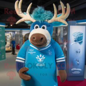 Sky Blue Irish Elk mascot costume character dressed with a Rugby Shirt and Beanies