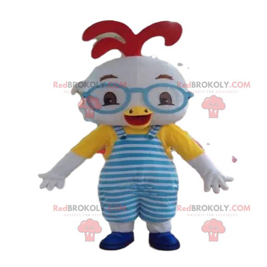 White bird mascot, bird costume in colorful outfit -