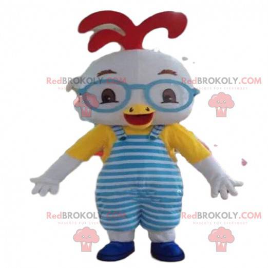 White bird mascot, bird costume in colorful outfit -