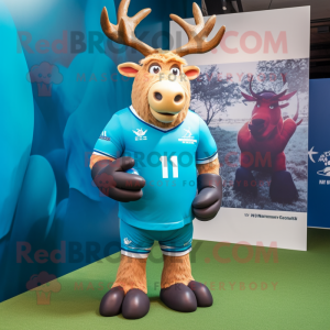 Sky Blue Irish Elk mascot costume character dressed with a Rugby Shirt and Beanies