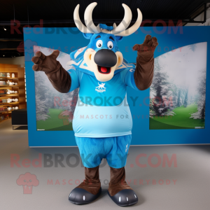 Sky Blue Irish Elk mascot costume character dressed with a Rugby Shirt and Beanies