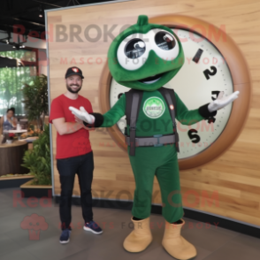 Forest Green Pizza mascot costume character dressed with a Overalls and Smartwatches