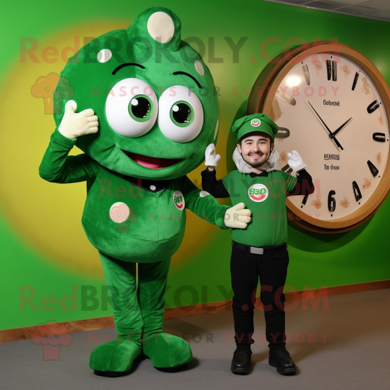 Forest Green Pizza mascot costume character dressed with a Overalls and Smartwatches