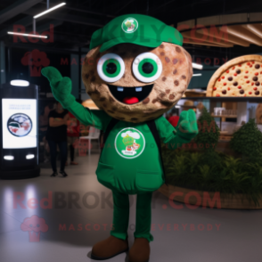 Forest Green Pizza mascot costume character dressed with a Overalls and Smartwatches