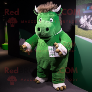 Green Woolly Rhinoceros mascot costume character dressed with a Polo Shirt and Coin purses