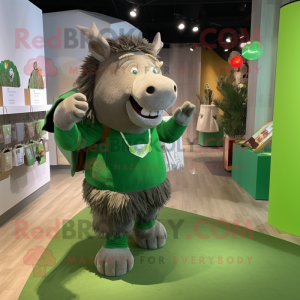 Green Woolly Rhinoceros mascot costume character dressed with a Polo Shirt and Coin purses