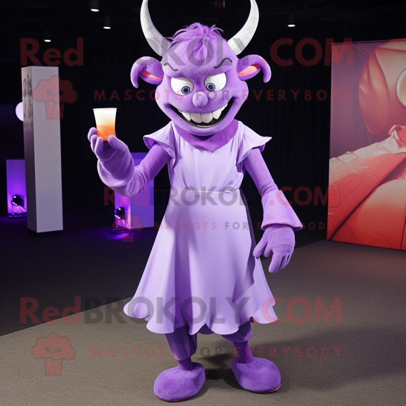 Lavender Devil mascot costume character dressed with a Cocktail Dress and Scarves Lavender Devil mascot costume character dressed with a Cocktail Dress and Scarves
