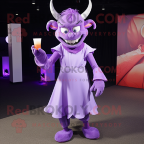 Lavender Devil mascot costume character dressed with a Cocktail Dress and Scarves