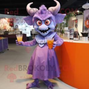 Lavender Devil mascot costume character dressed with a Cocktail Dress and Scarves