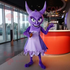 Lavender Devil mascot costume character dressed with a Cocktail Dress and Scarves