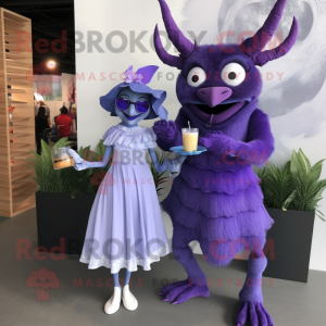 Lavender Devil mascot costume character dressed with a Cocktail Dress and Scarves