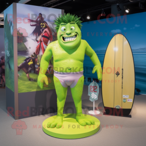 Lime Green Frankenstein'S Monster mascot costume character dressed with a One-Piece Swimsuit and Hairpins