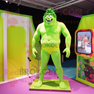 Lime Green Frankenstein'S Monster mascot costume character dressed with a One-Piece Swimsuit and Hairpins