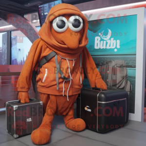 Rust Squid mascot costume character dressed with a Hoodie and Briefcases