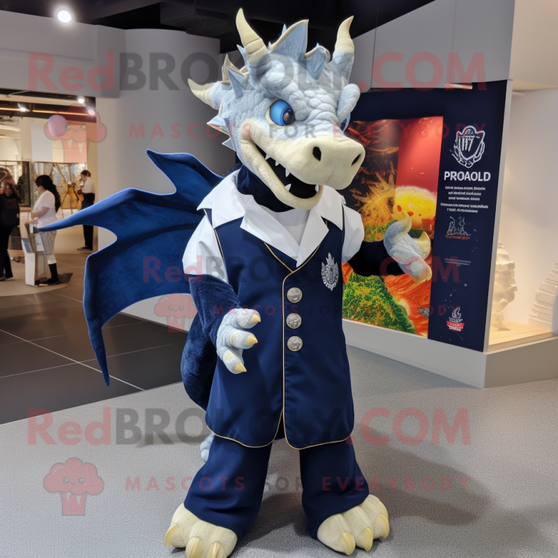 Navy Dragon mascot costume character dressed with a Oxford Shirt and Shawl pins