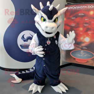 Navy Dragon mascot costume character dressed with a Oxford Shirt and Shawl pins
