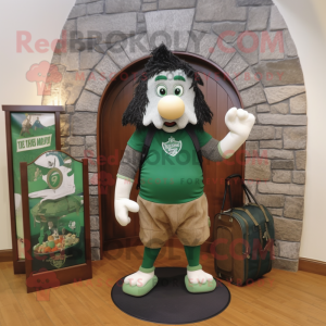 Forest Green Irish Castle mascot costume character dressed with a Board Shorts and Tote bags