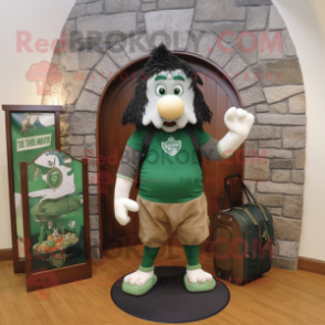 Forest Green Irish Castle mascot costume character dressed with a Board Shorts and Tote bags