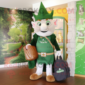 Forest Green Irish Castle mascot costume character dressed with a Board Shorts and Tote bags