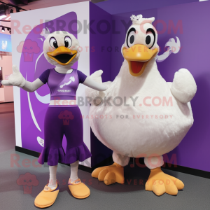 Purple Swan mascot costume character dressed with a Tank Top and Brooches